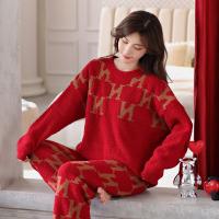 Polyester Women Pajama Set thicken & two piece & thermal Solid red Set