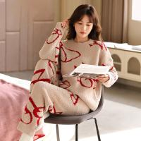 Polyester Women Pajama Set thicken & two piece & loose khaki Set