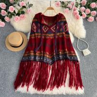 Knitted Tassels Cloak Poncho loose floral red PC