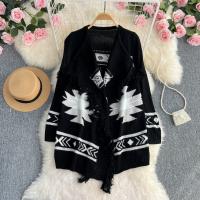 Knitted Women Long Cardigan loose floral black : PC