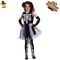 Polyester Children Skull Costume Sock & oversleeve & dress printed skeleton black Set