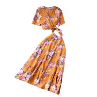 Mixed Fabric Waist-controlled & Soft & High Waist Two-Piece Dress Set large hem design & slimming printed floral : Set