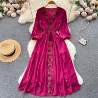 Polyester Waist-controlled & Soft One-piece Dress large hem design & mid-long style & slimming embroidered floral : PC