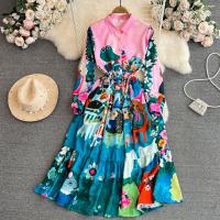 Polyester Waist-controlled & Soft One-piece Dress large hem design & mid-long style & slimming printed mixed pattern mixed colors PC