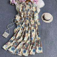 Polyester Waist-controlled & Soft One-piece Dress large hem design & slimming printed floral : PC