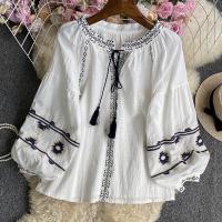 Polyester Soft Women Long Sleeve Blouses loose embroidered mixed pattern : PC