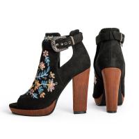 Microfiber PU Synthetic Leather & Suede chunky High-Heeled Shoes embroider floral black Pair