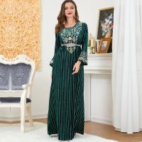 Pleuche Waist-controlled & Soft Middle Eastern Islamic Muslim Dress & floor-length gold foil print striped green PC