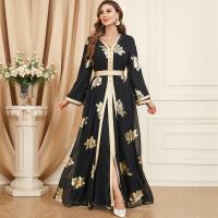 Chiffon Soft & front slit Middle Eastern Islamic Muslim Dress & two piece thermoprint floral black PC