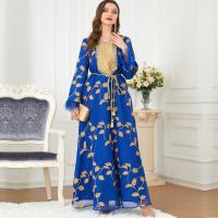 Chiffon Waist-controlled Middle Eastern Islamic Muslim Dress double layer & floor-length thermoprint Plant blue PC