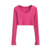 Cotton Slim Women Long Sleeve T-shirt midriff-baring patchwork Solid PC
