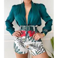Chemical Fiber & Polyester Women Casual Set & with belt short & long sleeve blouses printed Set