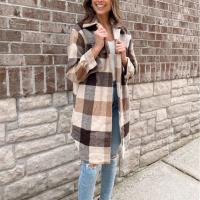 Polyester & Cotton Women Coat mid-long style & loose printed plaid PC