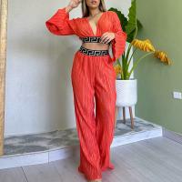 Polyester Women Casual Set deep V & two piece Long Trousers & top Set