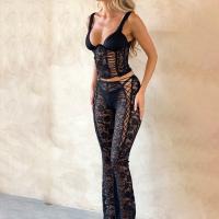 Polyester Women Casual Set see through look & two piece & hollow Pants & camis black Set