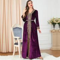 Pleuche Soft Middle Eastern Islamic Muslim Dress & floor-length embroidered Solid wine red PC