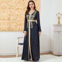 Polyester Waist-controlled & front slit Middle Eastern Islamic Muslim Dress slimming embroidered striped Navy Blue PC