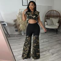 Polyester bell-bottom Women Long Trousers printed camouflage green PC