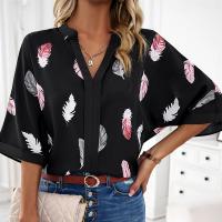 Polyester Women Short Sleeve Shirt & loose printed feather black PC