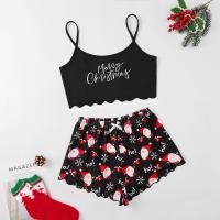 Milk Fiber Summer Pajama Set christmas design & breathable short & camis printed black Set
