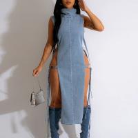 Polyester Slim Jeans Dress & hollow patchwork Solid blue PC