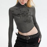 Polyester Slim Women Long Sleeve T-shirt midriff-baring & slimming printed PC