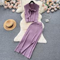 Mixed Fabric Sheath Two-Piece Dress Set mid-long style & slimming & side slit Solid : Set