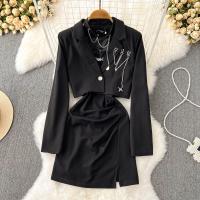 Mixed Fabric Waist-controlled Two-Piece Dress Set & with necklace & two piece & off shoulder Solid black Set