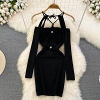 Mixed Fabric Waist-controlled Sexy Package Hip Dresses slimming & off shoulder Solid black : PC