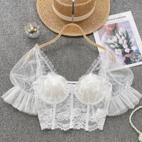 Mixed Fabric Crop Top Women Short Sleeve Blouses see through look & breathable Solid white PC
