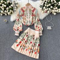Mixed Fabric Pleated & High Waist Two-Piece Dress Set slimming printed floral mixed colors Set