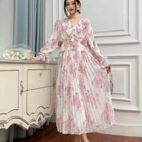 Real Silk & Polyester scallop & Pleated & High Waist Two-Piece Dress Set mid-long style & slimming printed floral : Set