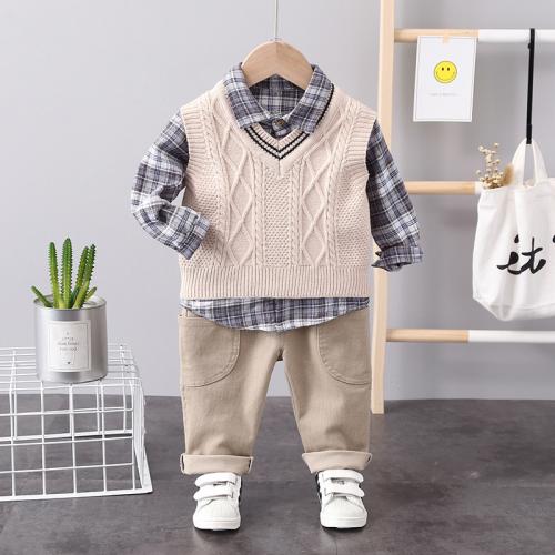Cotton Children Clothes Set & three piece & unisex vest & Pants & top plaid Set