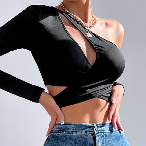 Polyester Women Long Sleeve Blouses midriff-baring black PC
