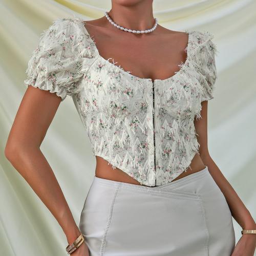 Polyester Women Short Sleeve Blouses midriff-baring & skinny shivering white PC