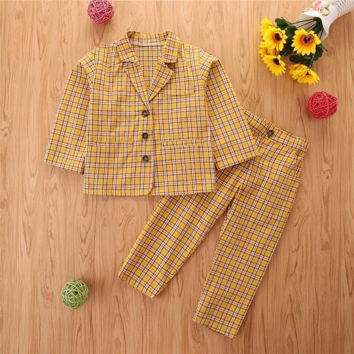 Cotton Girl Clothes Set & two piece Pants & coat printed plaid yellow Set