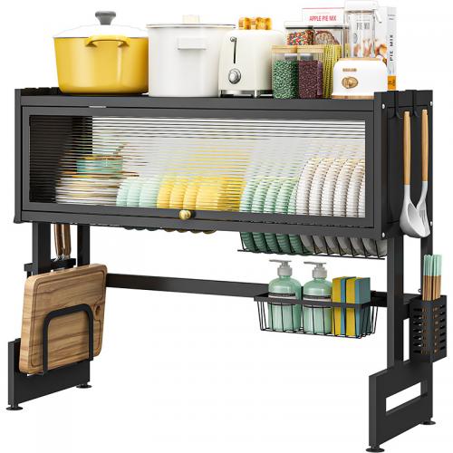 Carbon Steel & Acrylic Multifunction Kitchen Shelf for storage & dustproof black PC