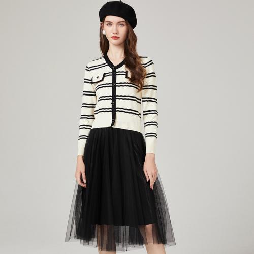 Polyester Soft & Slim Autumn and Winter Dress mid-long style & fake two piece striped PC