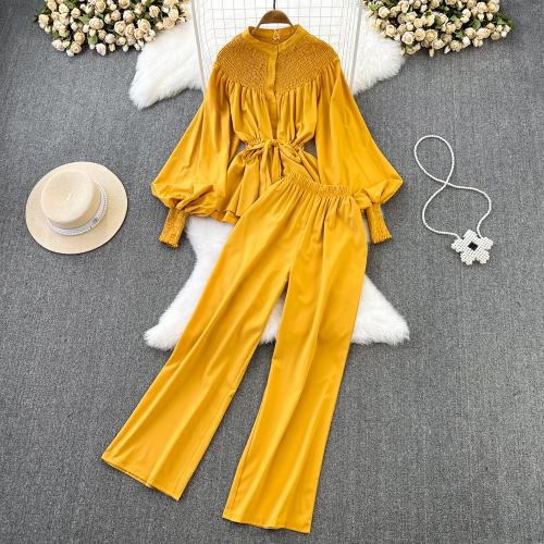 Polyester High Waist Women Casual Set two piece & loose Wide Leg Trousers & long sleeve shirt Solid : Set