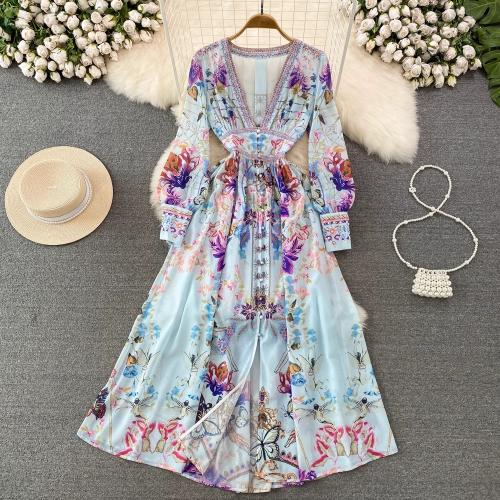 Polyester Waist-controlled One-piece Dress slimming & deep V printed PC