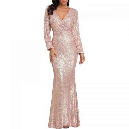 Sequin & Polyester Slim & Plus Size & Mermaid Long Evening Dress patchwork Solid PC