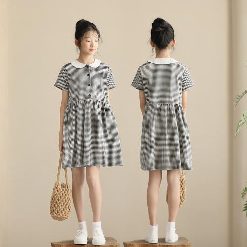 Cotton Girl One-piece Dress & sweat absorption & loose & breathable plaid PC