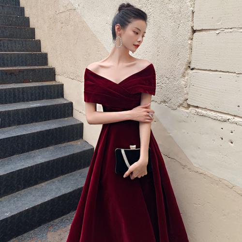 Polyester Waist-controlled Long Evening Dress & off shoulder Solid PC