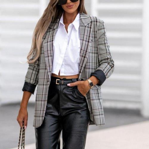 Polyester Women Suit Coat slimming plaid gray PC