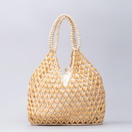 Wooden Beads & Polyester Cotton Easy Matching Woven Tote large capacity & hollow PC