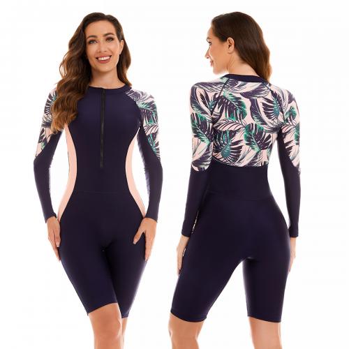 Polyamide Quick Dry One-piece Swimsuit flexible & skinny style printed leaf pattern Navy Blue PC