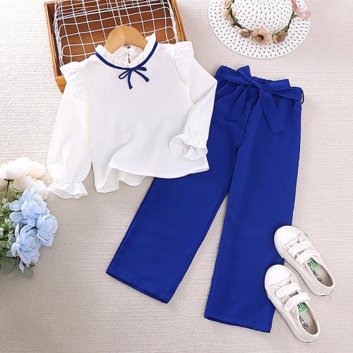 Polyester Girl Clothes Set & two piece & breathable Pants & top blue PC