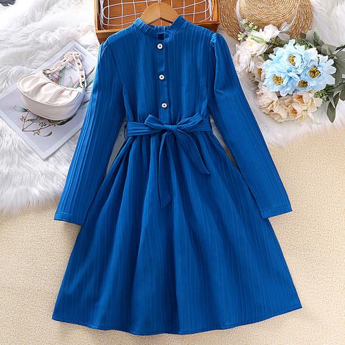 Polyester Girl One-piece Dress mid-long style & breathable skirt & belt Solid blue PC