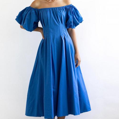 Polyester High Waist One-piece Dress slimming & off shoulder Solid PC