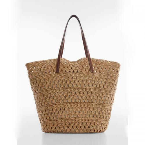 Paper Rope & PU Leather Beach Bag & Easy Matching Woven Shoulder Bag large capacity coffee PC